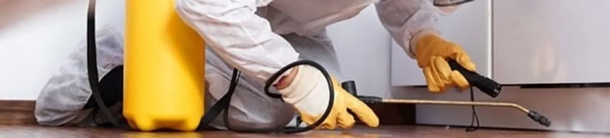Roach exterminator treating cracks and crevices along kitchen baseboards in Pembroke PInes, FL